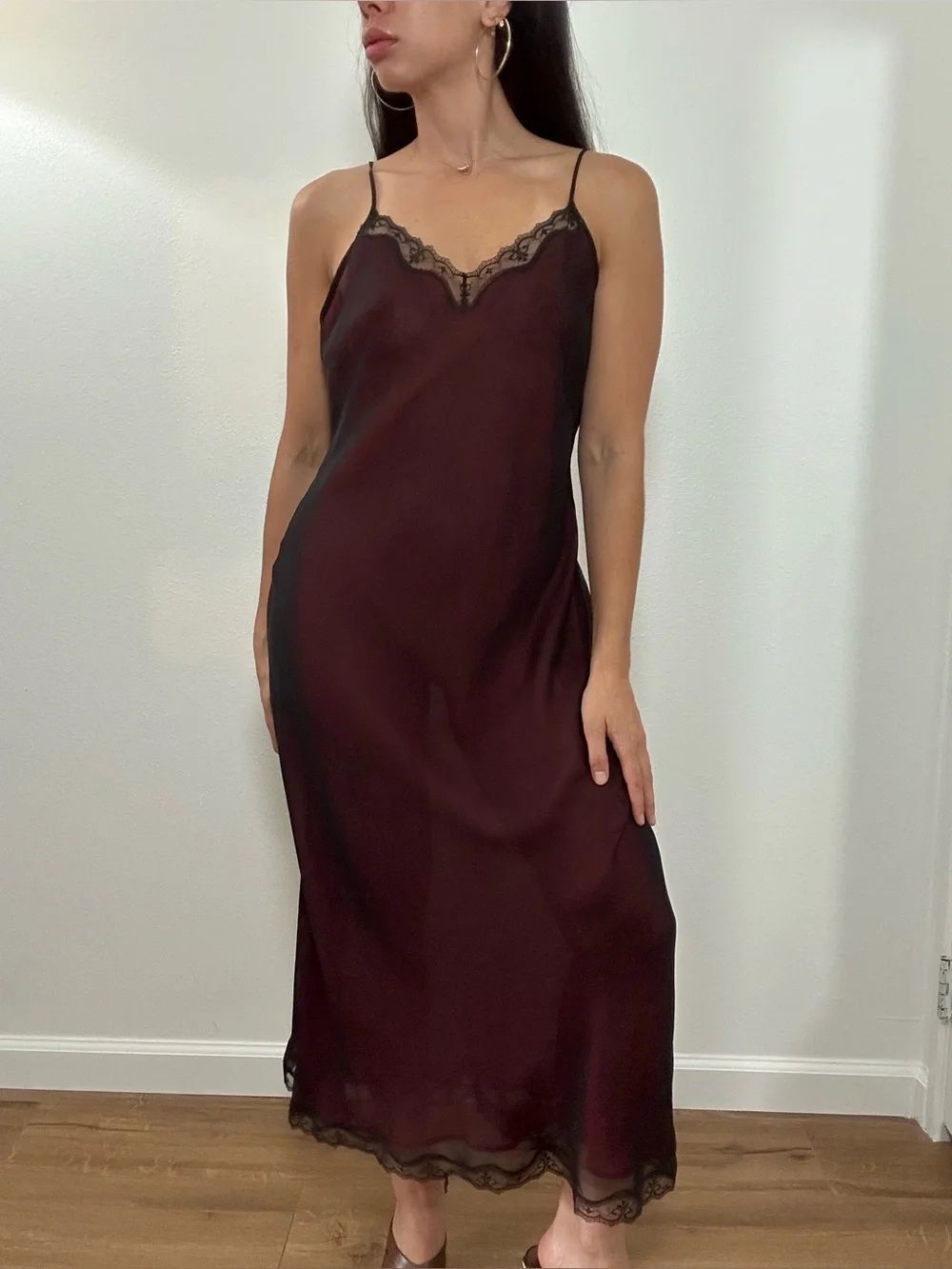 Vintage 90’s Sheer Lace Trim Lace Up Open Back Maxi Slip Dress Burgundy Black M